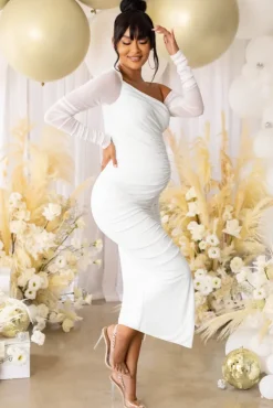 Sweet Dreams | White Maternity Asymmetric Ruched Midi Dress