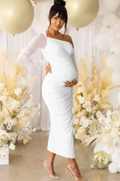 Sweet Dreams | White Maternity Asymmetric Ruched Midi Dress