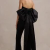 Sweet Escape | Black Satin Crop Top With Oversized Satin Bow