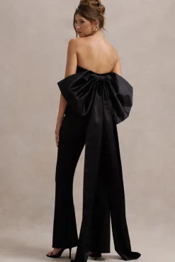 Sweet Escape | Black Satin Crop Top With Oversized Satin Bow