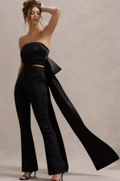 Sweet Escape | Black Satin Crop Top With Oversized Satin Bow