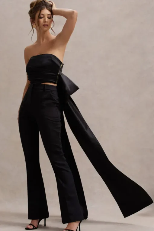 Sweet Escape | Black Satin Crop Top With Oversized Satin Bow