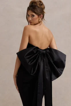 Sweet Escape | Black Satin Crop Top With Oversized Satin Bow