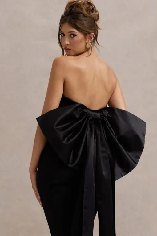 Sweet Escape | Black Satin Crop Top With Oversized Satin Bow
