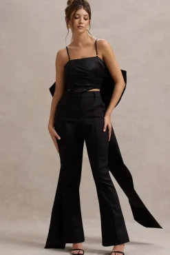 Sweet Escape | Black Satin Crop Top With Oversized Satin Bow