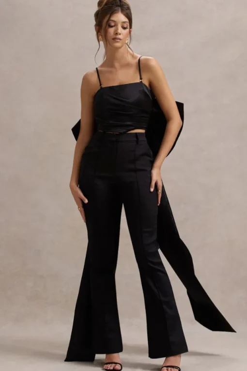Sweet Escape | Black Satin Crop Top With Oversized Satin Bow