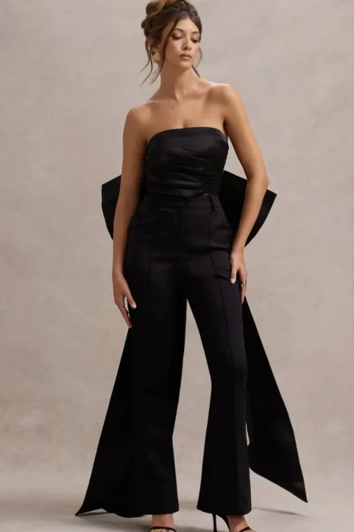 Sweet Escape | Black Satin Crop Top With Oversized Satin Bow