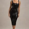 Sweet Spark | Black Sequin Square-Neck Midi Dress