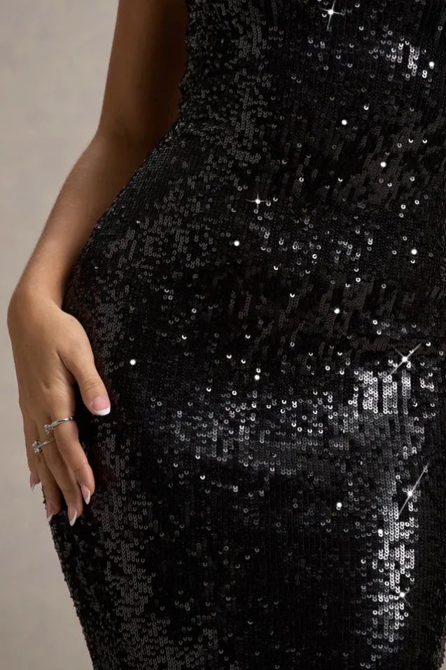Sweet Spark | Black Sequin Square-Neck Midi Dress