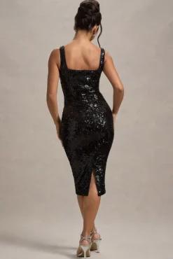 Sweet Spark | Black Sequin Square-Neck Midi Dress