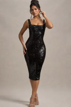 Sweet Spark | Black Sequin Square-Neck Midi Dress