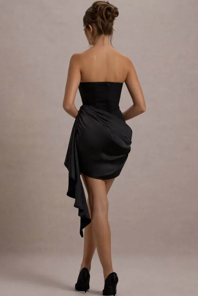 Sweet Talk | Black Satin Bandeau Mini Dress With Drape Skirt