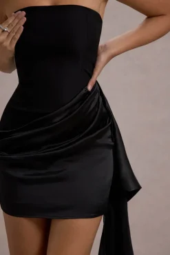 Sweet Talk | Black Satin Bandeau Mini Dress With Drape Skirt