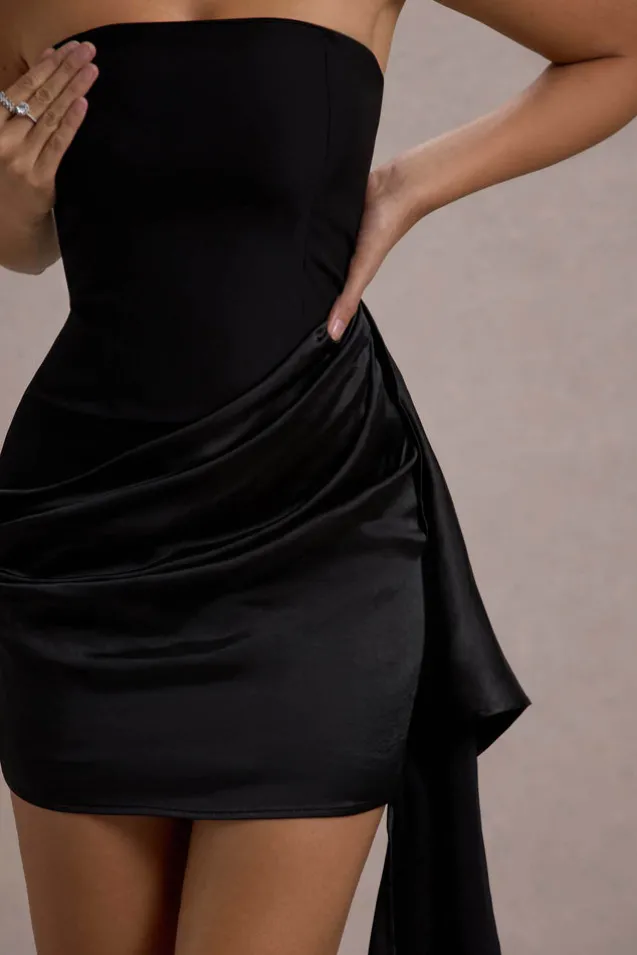 Sweet Talk | Black Satin Bandeau Mini Dress With Drape Skirt