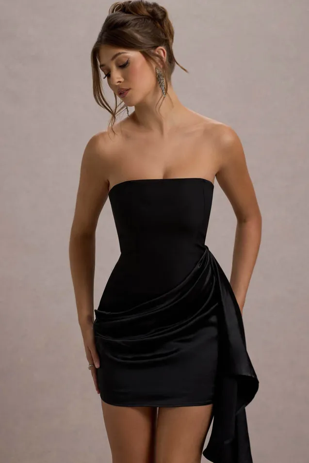 Sweet Talk | Black Satin Bandeau Mini Dress With Drape Skirt