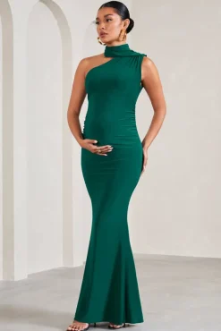 Sylvia | Bottle Green Ruched Asymmetric Maternity Maxi Dress With Wrap-Collar