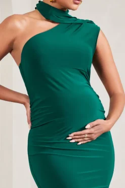 Sylvia | Bottle Green Ruched Asymmetric Maternity Maxi Dress With Wrap-Collar