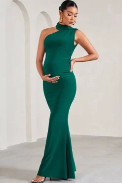 Sylvia | Bottle Green Ruched Asymmetric Maternity Maxi Dress With Wrap-Collar