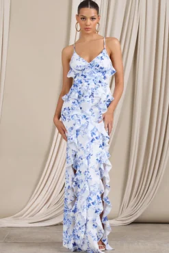 Syrah | Blue Floral Ruffled Strappy Maxi Dress