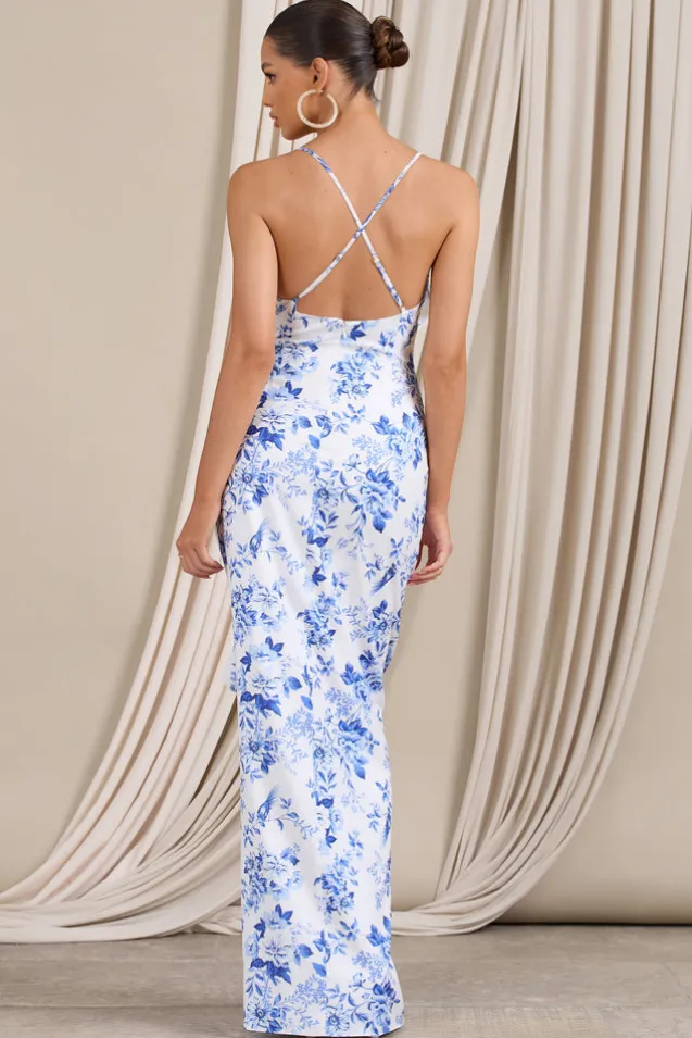Syrah | Blue Floral Ruffled Strappy Maxi Dress