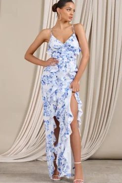 Syrah | Blue Floral Ruffled Strappy Maxi Dress