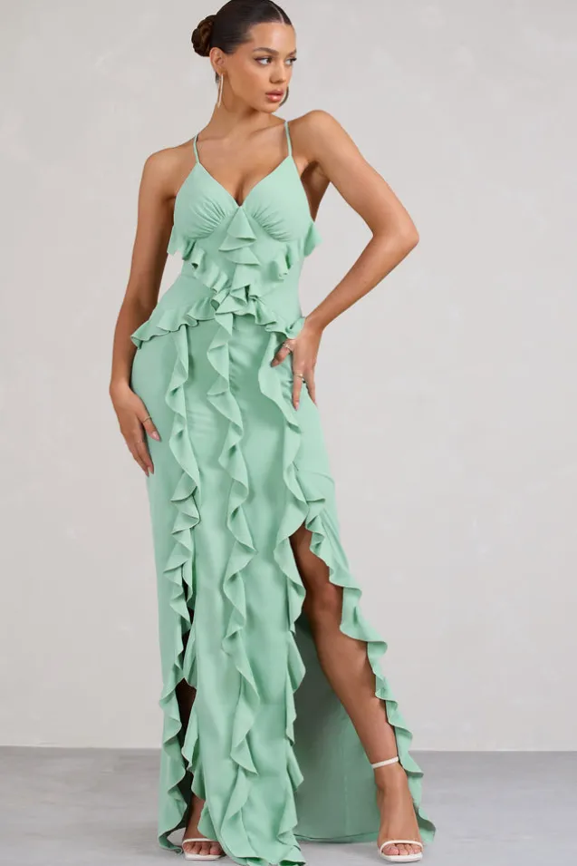 Syrah | Mint Green Chiffon Ruffle Cami Maxi Dress