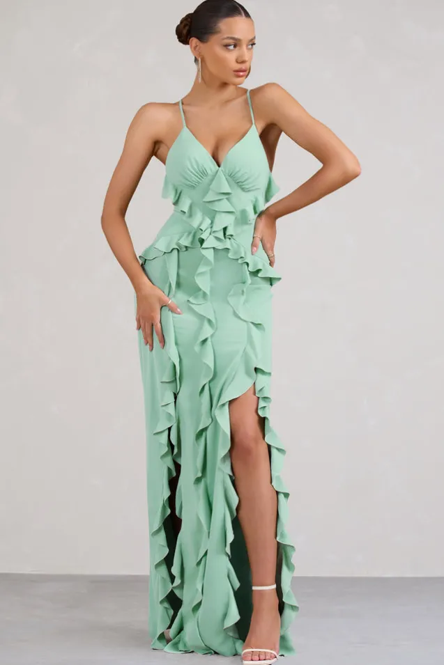 Syrah | Mint Green Chiffon Ruffle Cami Maxi Dress