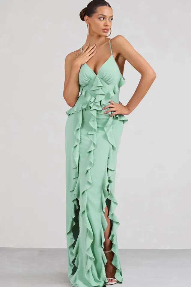 Syrah | Mint Green Chiffon Ruffle Cami Maxi Dress