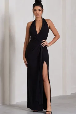 Tabloid Talk | Black Plunge Halter-Neck Maxi Dress With Twisted Drape