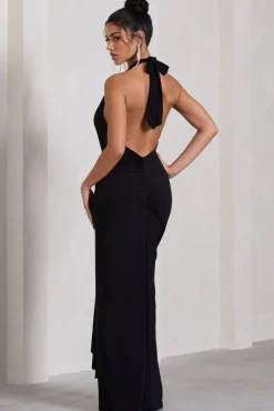 Tabloid Talk | Black Plunge Halter-Neck Maxi Dress With Twisted Drape
