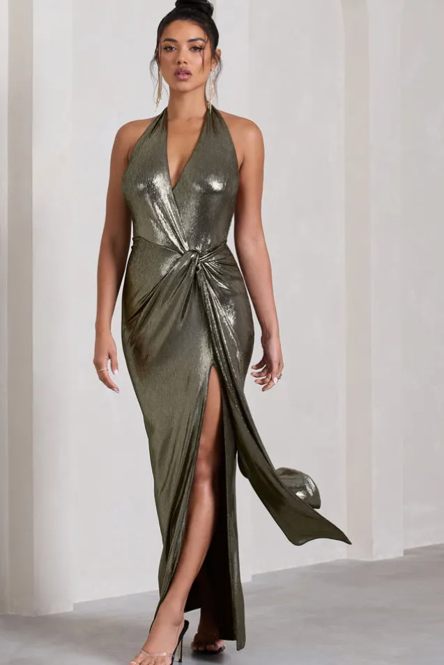 Tabloid Talk | Gold Metallic Plunge Halter-Neck Maxi Dress With Twisted Drape