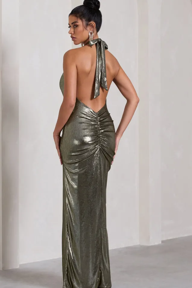 Tabloid Talk | Gold Metallic Plunge Halter-Neck Maxi Dress With Twisted Drape