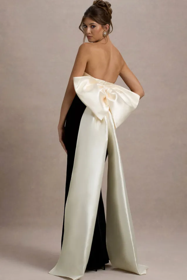 Take A Bow | Black u0026 Cream Velvet Strapless Maxi Dress With Oversized Bow