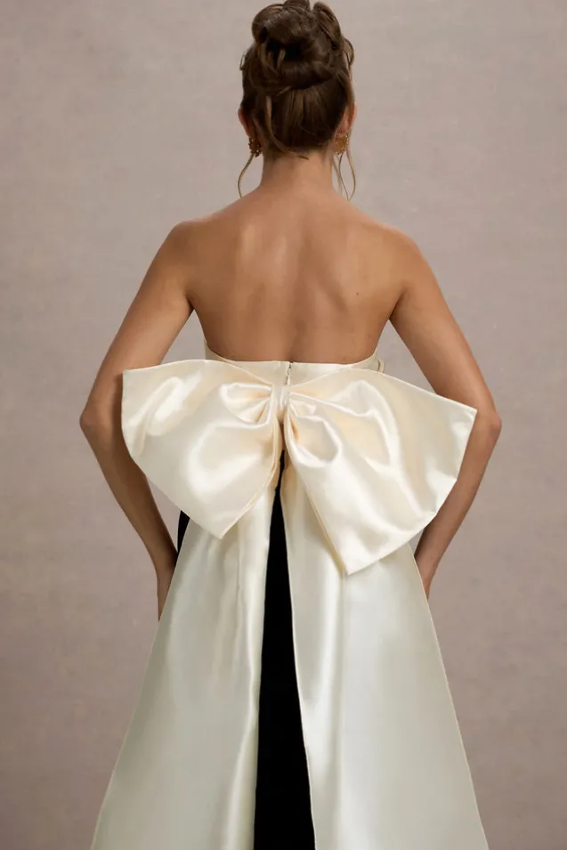 Take A Bow | Black u0026 Cream Velvet Strapless Maxi Dress With Oversized Bow