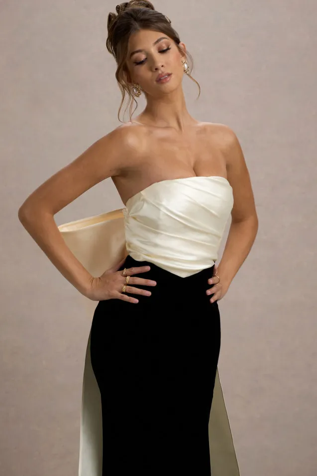Take A Bow | Black u0026 Cream Velvet Strapless Maxi Dress With Oversized Bow