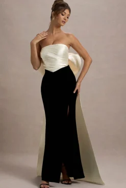 Take A Bow | Black u0026 Cream Velvet Strapless Maxi Dress With Oversized Bow