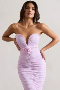 Taken | Pink Ruched Mesh Midi Dress With Corsage