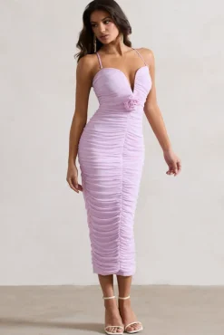 Taken | Pink Ruched Mesh Midi Dress With Corsage