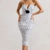 Taken | White Polka Dot Ruched Mesh Midi Dress With Corsage