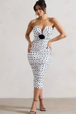 Taken | White Polka Dot Ruched Mesh Midi Dress With Corsage