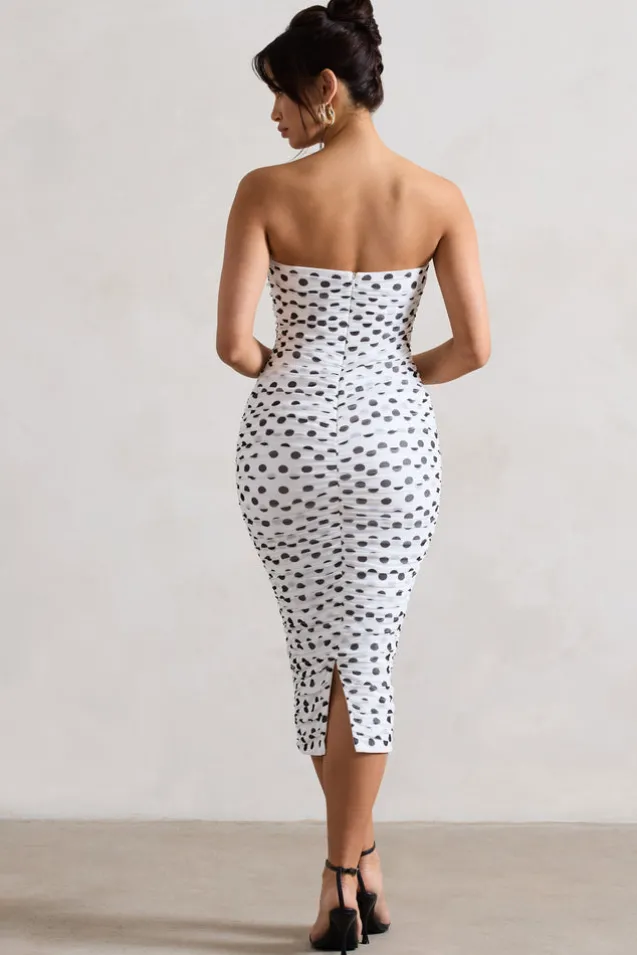 Taken | White Polka Dot Ruched Mesh Midi Dress With Corsage