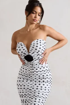 Taken | White Polka Dot Ruched Mesh Midi Dress With Corsage