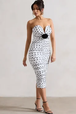 Taken | White Polka Dot Ruched Mesh Midi Dress With Corsage
