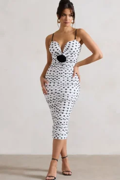 Taken | White Polka Dot Ruched Mesh Midi Dress With Corsage