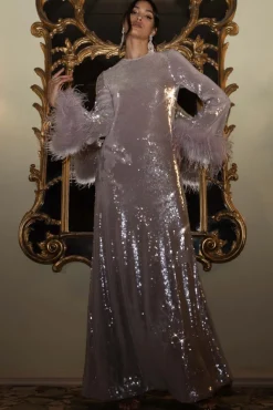 Tallie | Lilac Sequin Maxi Dress With Feather Trim