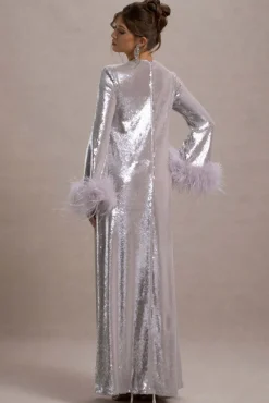 Tallie | Lilac Sequin Maxi Dress With Feather Trim