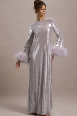 Tallie | Lilac Sequin Maxi Dress With Feather Trim