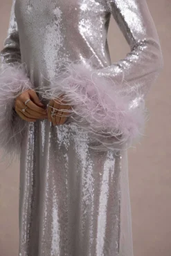 Tallie | Lilac Sequin Maxi Dress With Feather Trim