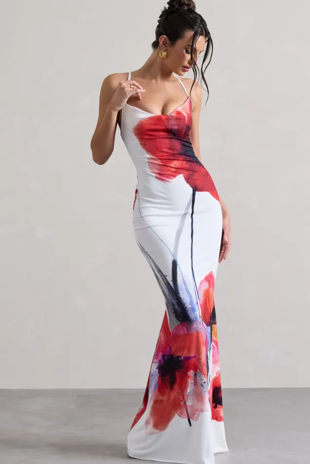 Tamia | White Poppy Print Cowl-Neck Maxi Dress
