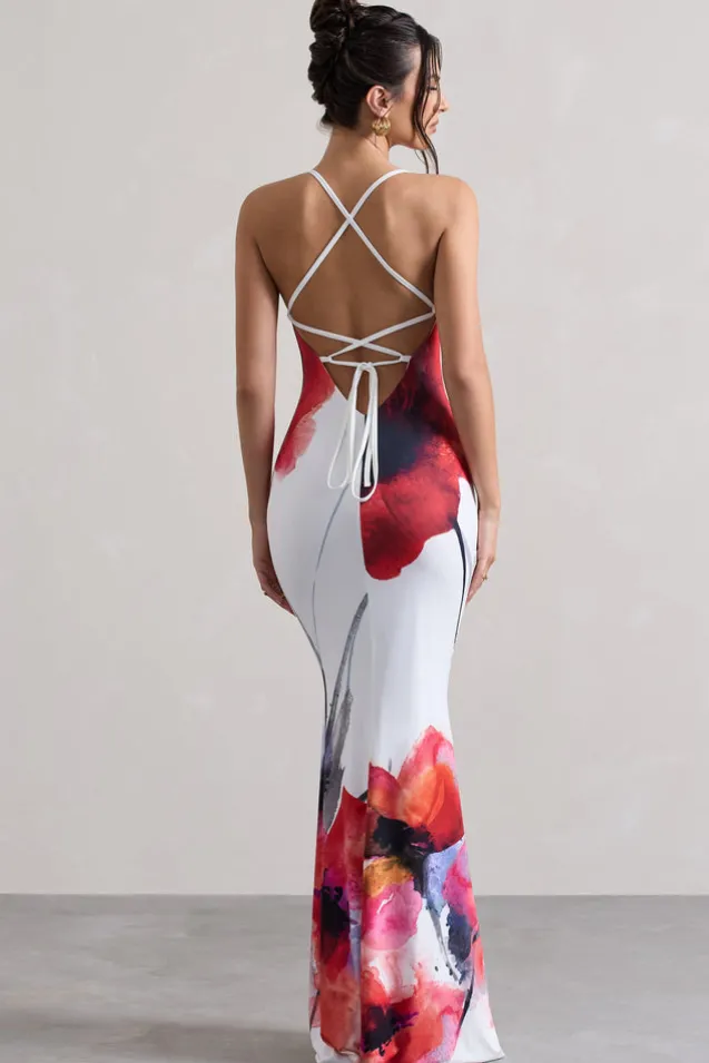 Tamia | White Poppy Print Cowl-Neck Maxi Dress